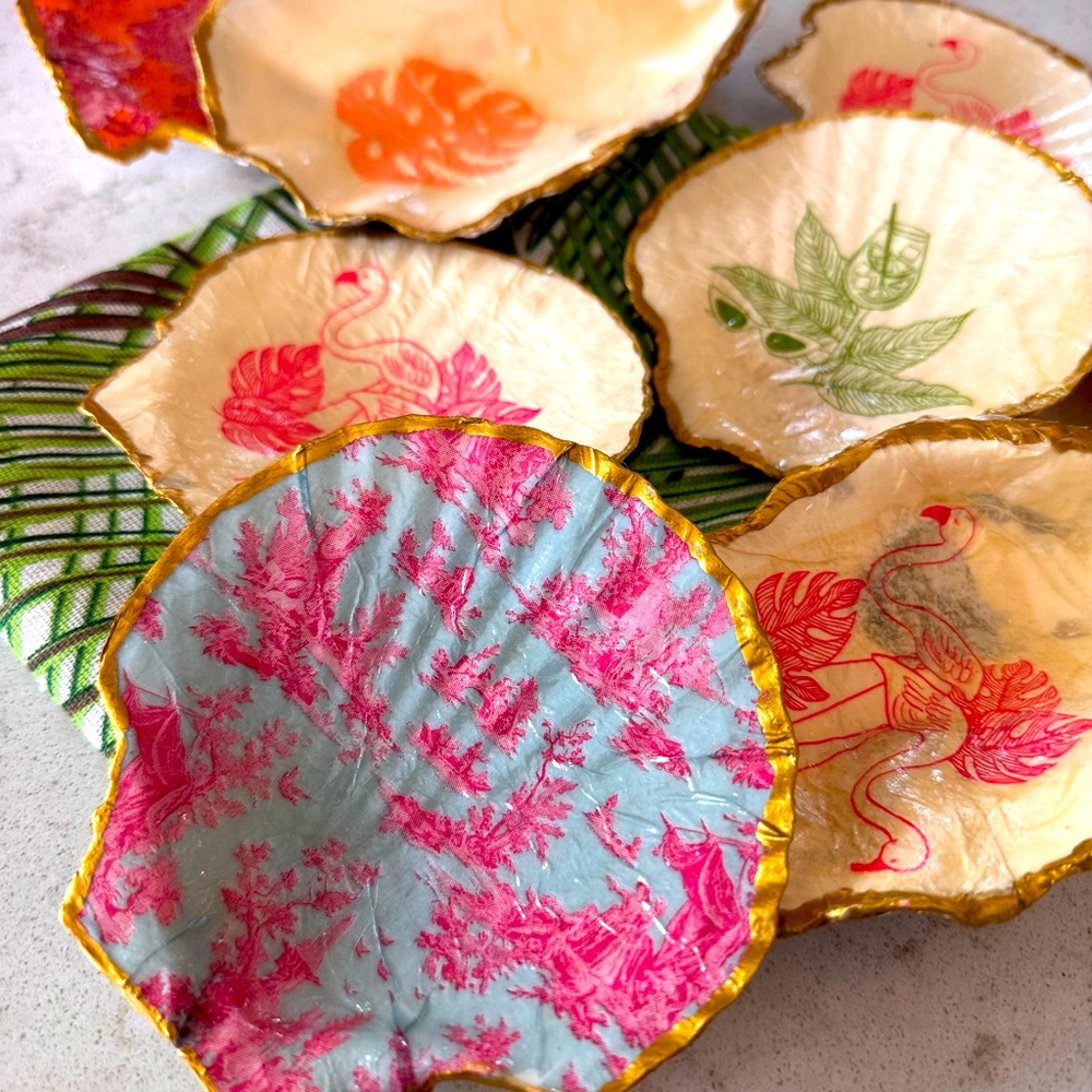 Oyster and scallop decoupage shells, handmade!